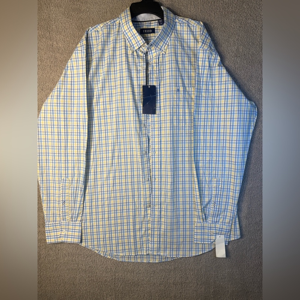 IZOD Men’s Large White, Blue and Yellow Casual Plaid Button Down Shirt.